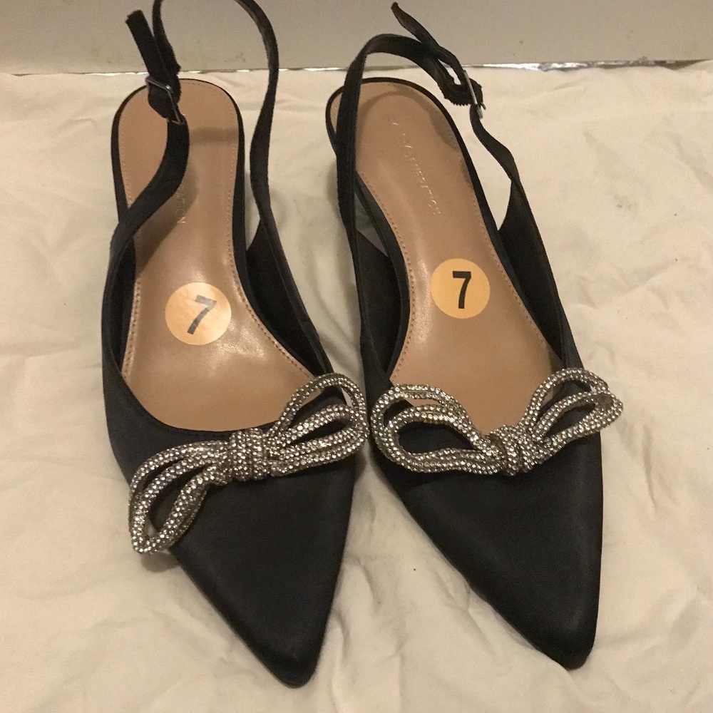 BCBG Pointed Toe Black Satin Slingback Rhinestone Bow